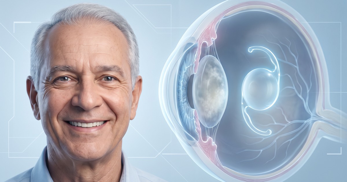 Cirurgia de catarata a laser — idoso com visão recuperada e ilustração 3D da lente intraocular — Visare Hospital de Olhos Presidente Prudente