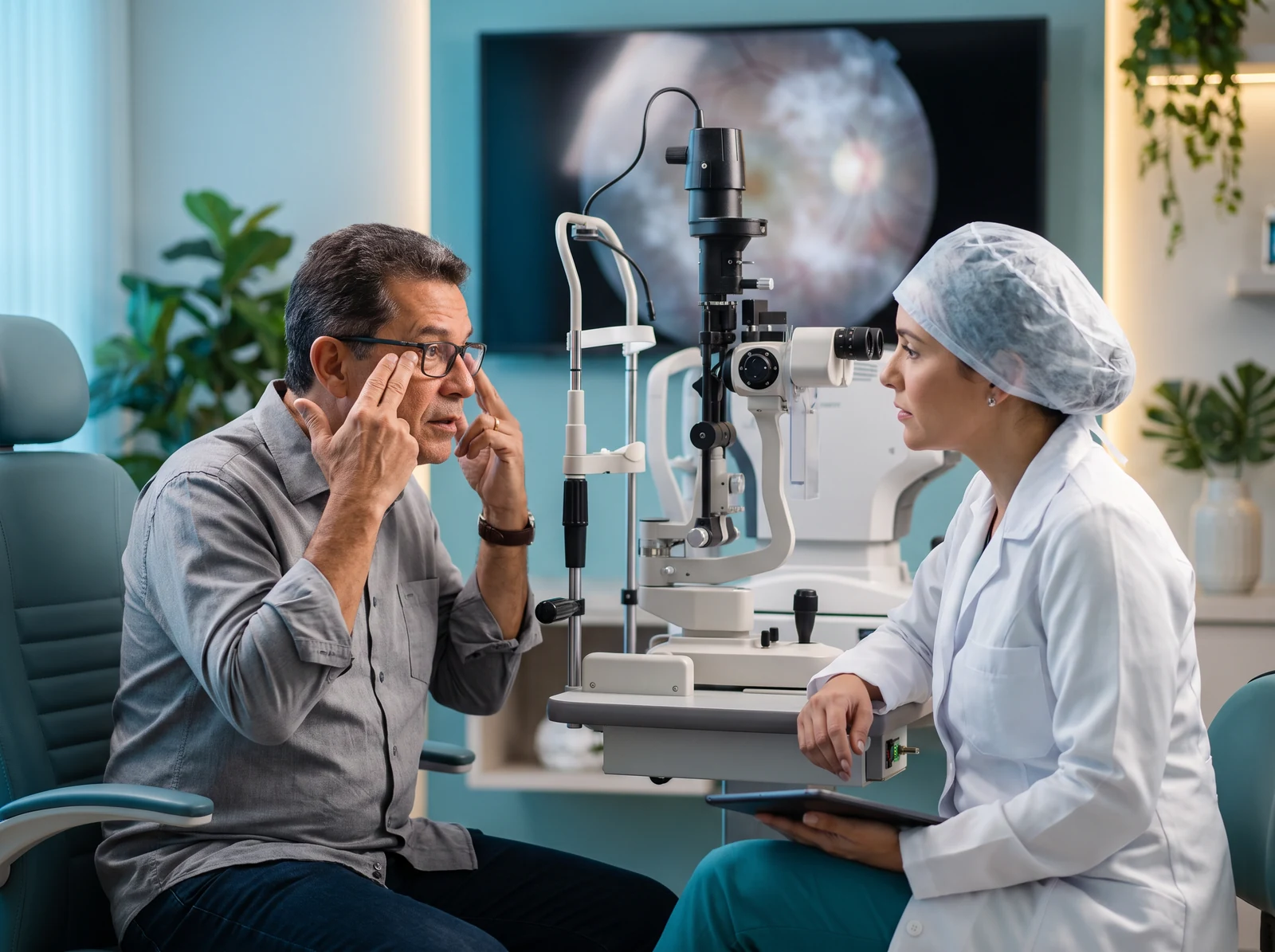 Paciente em avaliação da retina para alterações do vítreo e visão enevoada